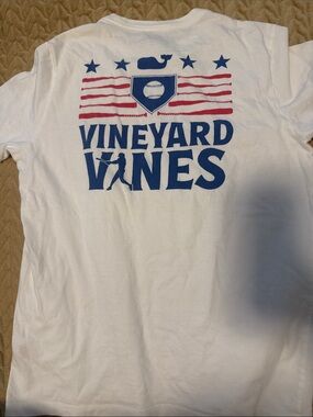 Vineyard Vines White Tee with Blue Logo and Red Stripes